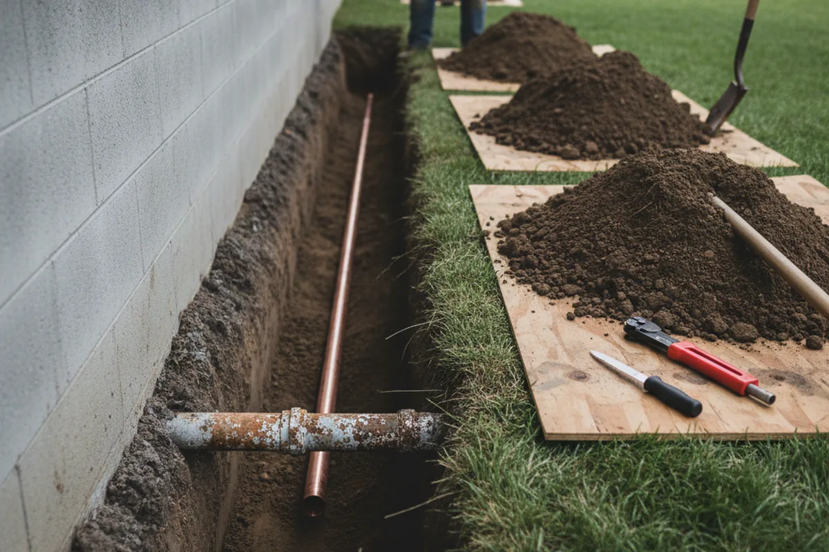 Excavated water line trench during Sewer Line Repair in Lake Ariel